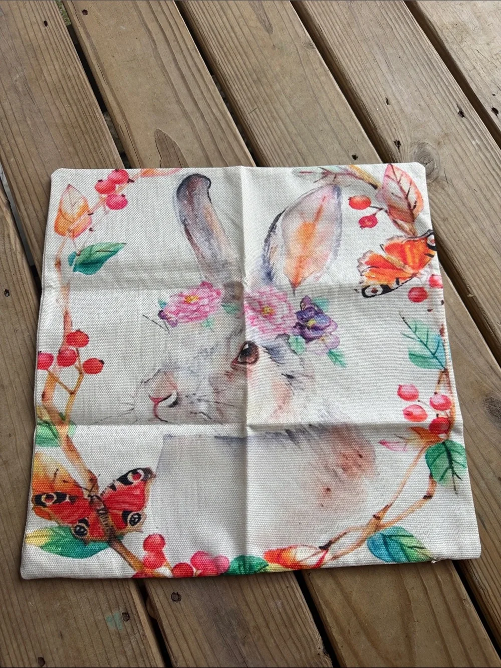 NWOT Decorative Throw Pillow Cover Rabbit Butterflies Vine Wreath Easter Spring
